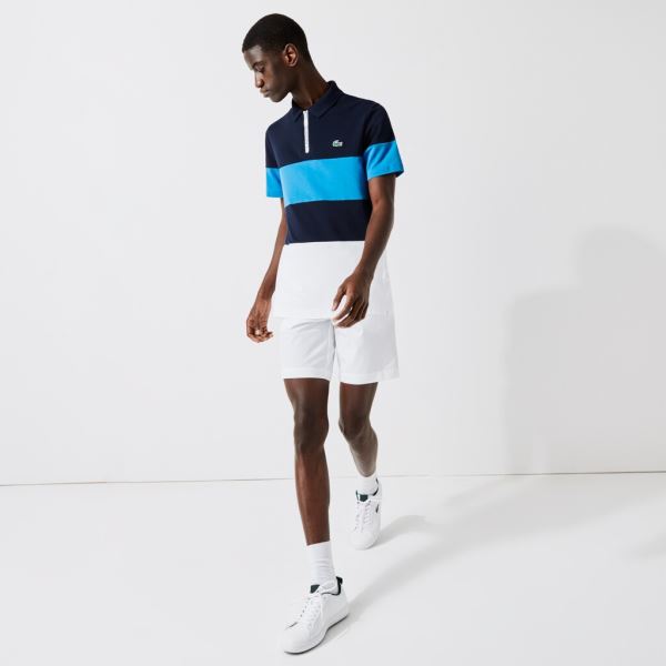 Lacoste SPORT Striped Stretch Piqué Zip-Up Golf Polo Shirt Pánské - Polo Tmavě Blankyt Blankyt / Bla